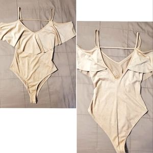 Charlotte Russe tan/beige bodysuit, v-neck, off the shoulder, open back